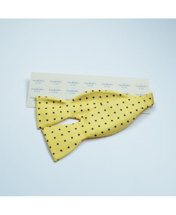 Fine Silk Spotted Self Tie Bow with Blue Spots on Light Yellow